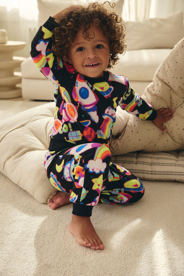 Black/Lime Fluro Space Single Soft Touch Fleece With Elastane Pyjamas (9mths-12yrs)