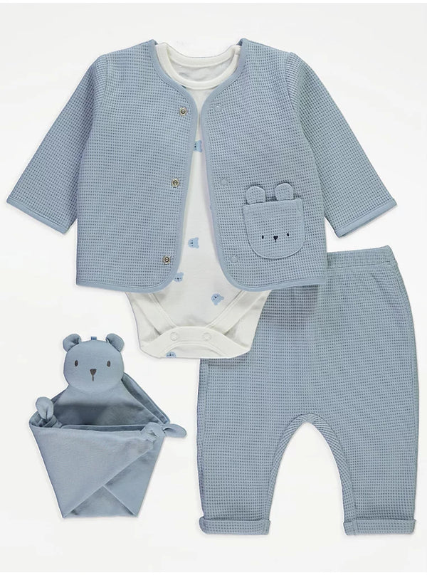 Blue Bear Waffle Jacket Trousers and Comforter Set