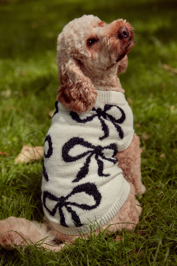 White and Black Tinsel Bow Christmas Dog Jumper