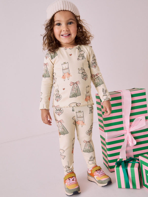 Cream Christmas Bunny Characters Rib Long Sleeve Christmas Top and Leggings Set (3mths-7yrs)