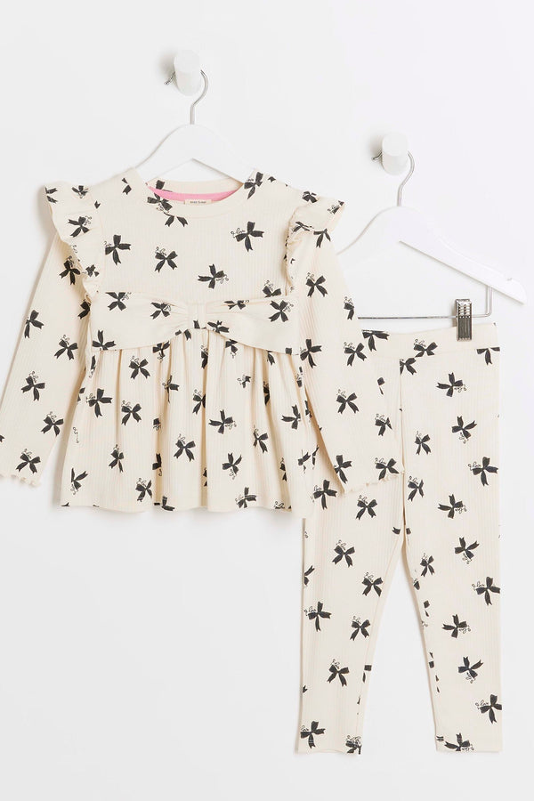 River Island Girls Ecru Bow Print Rib Peplum Set