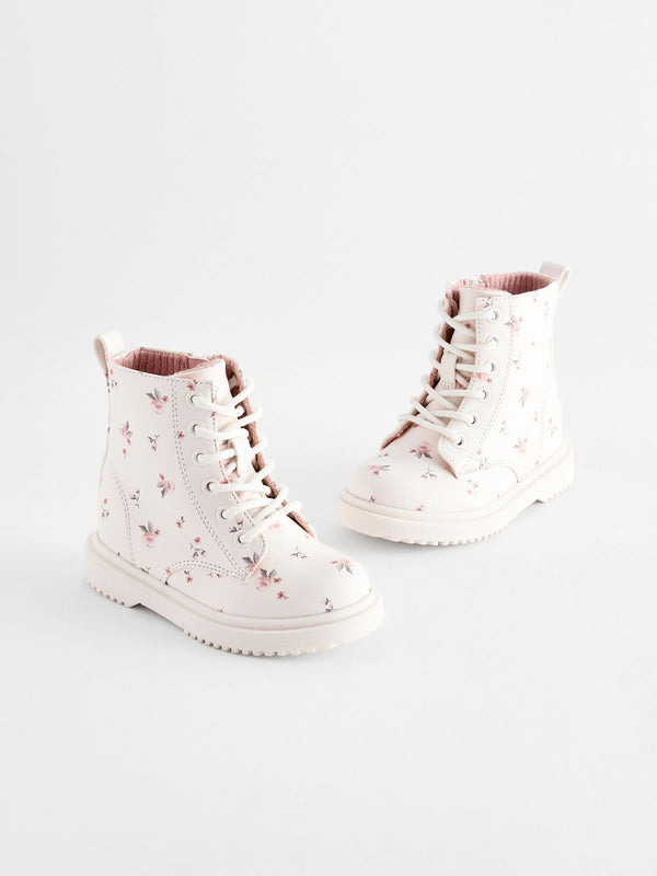 Neutral White Wide Fit (G) Floral Lace Up Ankle Boots