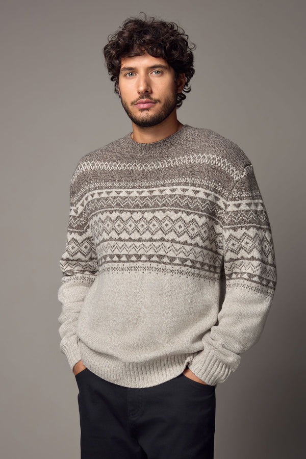 Neutral/Ecru Crew Neck Regular Fit Fairisle Pattern Jumper with Wool