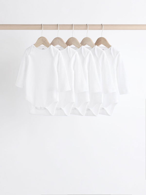 White Long Sleeve Rib 100% Cotton Baby Bodysuits 5 Pack