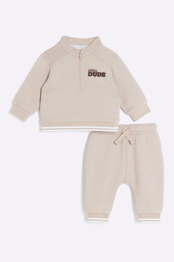 River Island Brown Baby Boys Half Zip Sweat Top Jogger Set