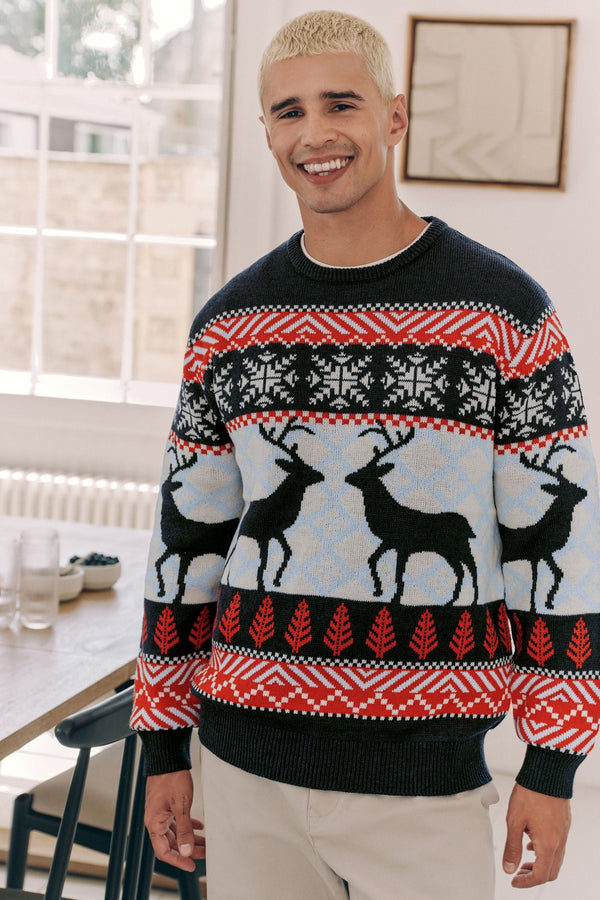 Navy Blue/Red Matching Family Mens Christmas Fair Isle Pattern Reindeer Jumper