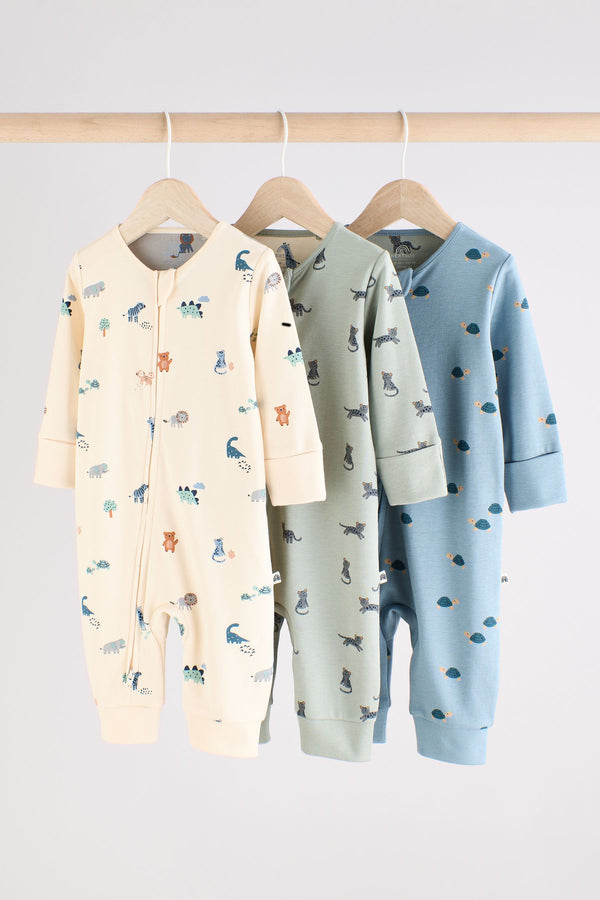 Teal Blue Baby Printed 100% Cotton Zip Sleepsuits 3 Pack (0mths-3yrs)