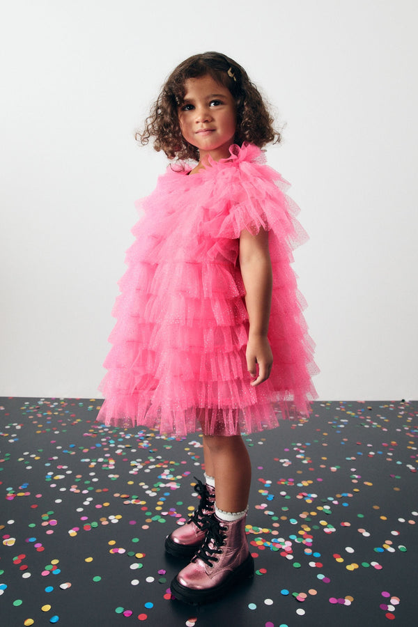 Bright Pink Sparkle Ruffle Mesh Dress (3mths-8yrs)