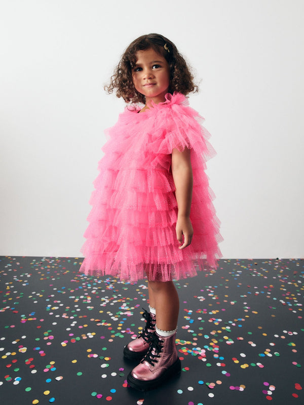 Bright Pink Sparkle Ruffle Mesh Dress (3mths-8yrs)