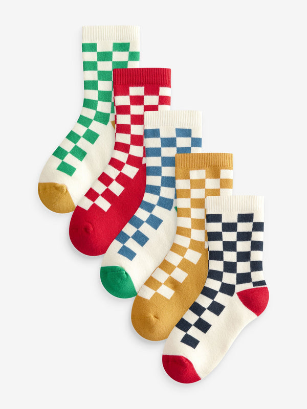 Ecru Bright Checkerboard Cosy Terry Cotton Rich Socks 5 Pack