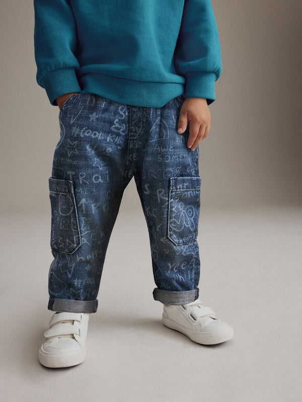 Mid Blue Graffiti 100% Cotton Laser Print Jeans (3mths-7yrs)