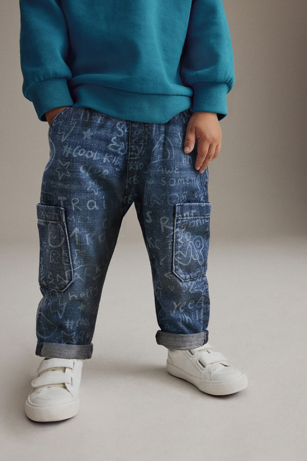 Mid Blue Graffiti 100% Cotton Laser Print Jeans (3mths-7yrs)