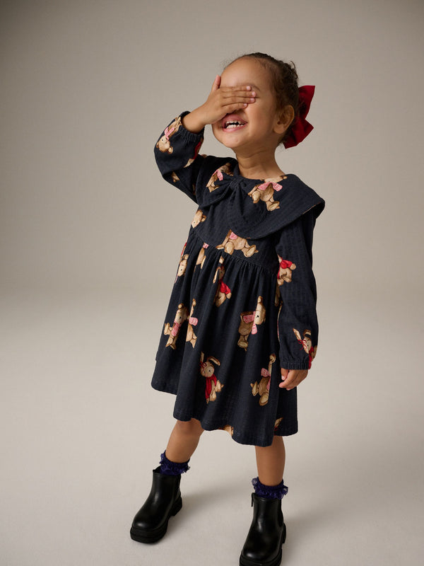 Navy Bear Long Sleeve Collared 100% Cotton Dress (3mths-7yrs)