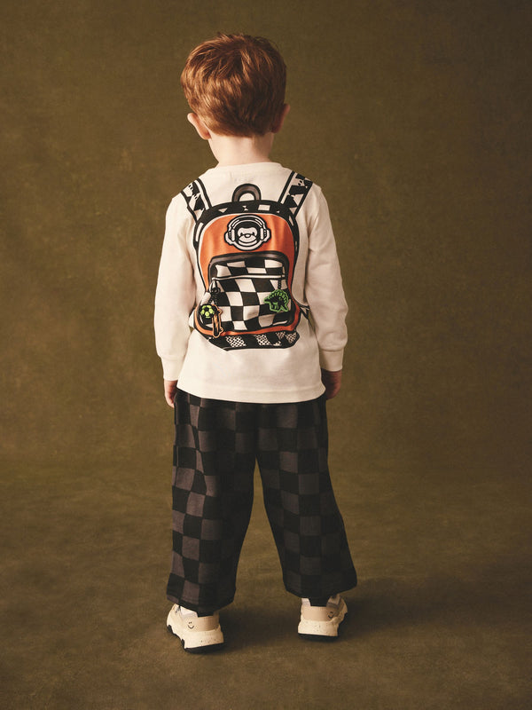 White Checkerboard Backpack Long Sleeve Top and Joggers Set (3mths-7yrs)