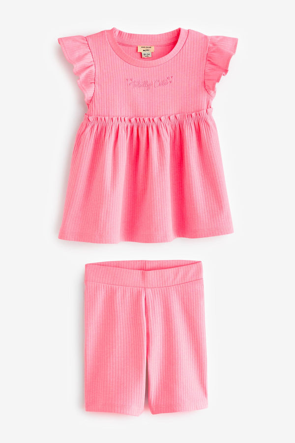 Pink River Island Girls Rib Peplum Top And Shorts Set