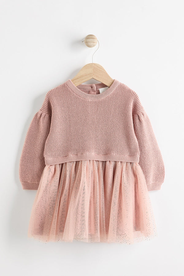 Dusky Pink 2-in-1 Long Sleeve Jumper Sparkle Mesh Dress (0mths-2yrs)