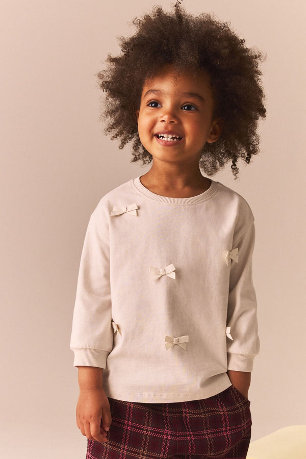 Ecru 100% Cotton Long Sleeve Appliqué Bow Top (3mths-7yrs)