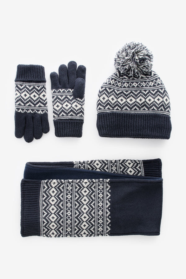 Navy Blue Fairisle Pattern Hat, Scarf and Gloves Set (3-16yrs)