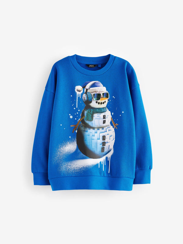 Cobalt Blue Snowman Christmas Graphic Crew Neck 100% Cotton Sweatshirt (3-16yrs)