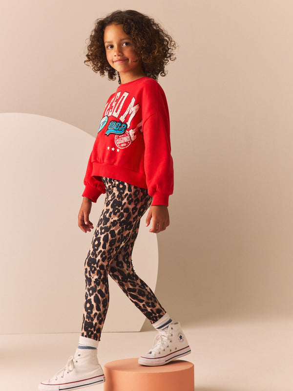 Red Varsity Sweatshirt And Animal Printed Leggings Set (3-16yrs)