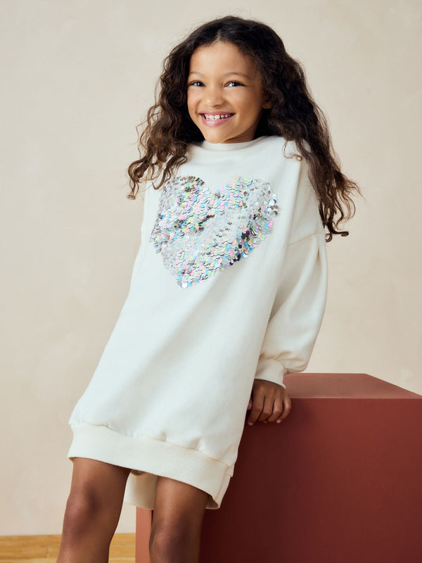 Ecru White Sequin Heart Jumper Dress (3-16yrs)