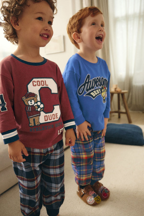 Navy Blue/Burgundy Red Varsity Woven Bottom Check 100% Cotton Pyjamas 2 Pack (9mths-8yrs)