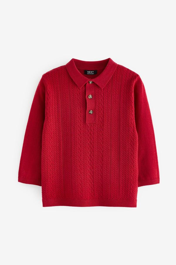 Red Long Sleeve Cable Polo Shirt (3mths-7yrs)