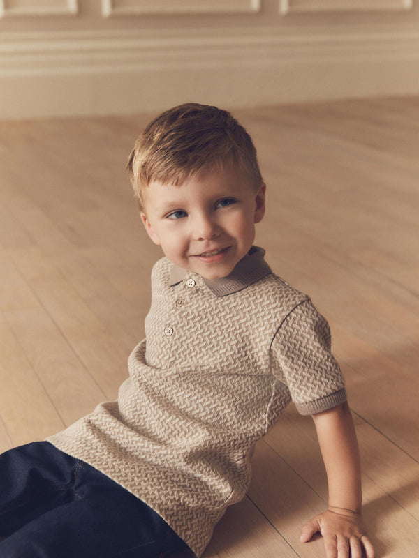 Tan Brown/Ecru Natural Short Sleeve Textured Polo Shirt (3mths-7yrs)