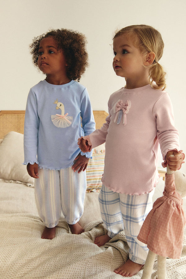 Pink/Blue Swan/Bow 100% Cotton Woven Bottoms Pyjamas 2 Pack (9mths-10yrs)