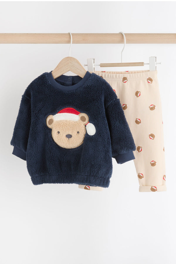 Navy Santa Bear Baby 100% Cotton Fleece Top and Joggers Set