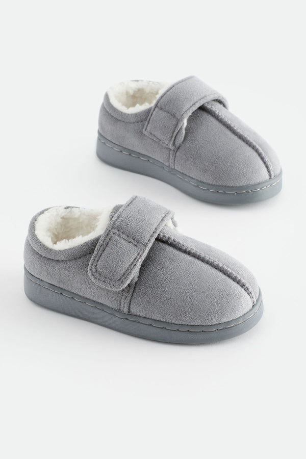 Grey Warm Lined Touch Fastening Slippers