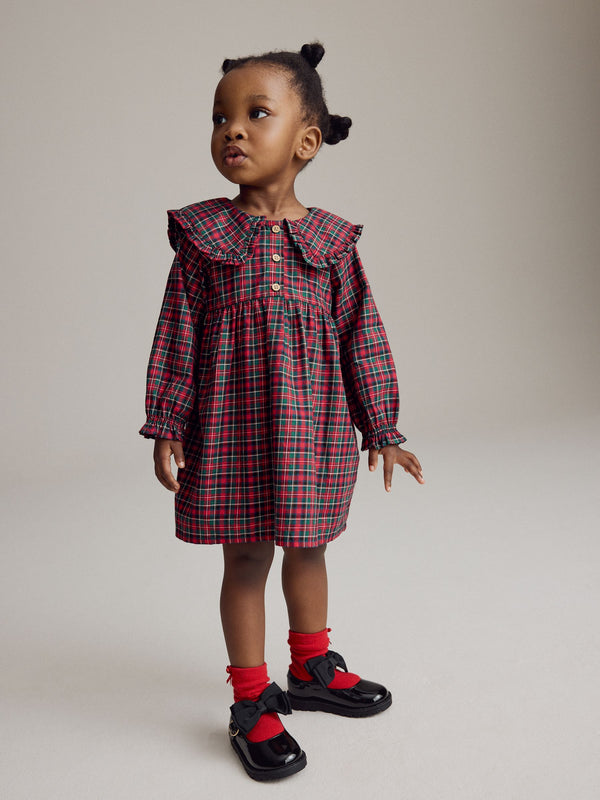 Red Tartan Long Sleeve 100% Cotton Peter Pan Collar Dress (3mths-8yrs)