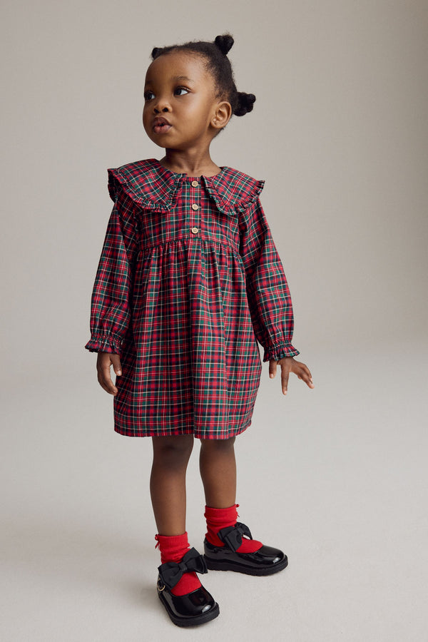 Red Tartan Long Sleeve Collar 100% Cotton Dress (3mths-8yrs)