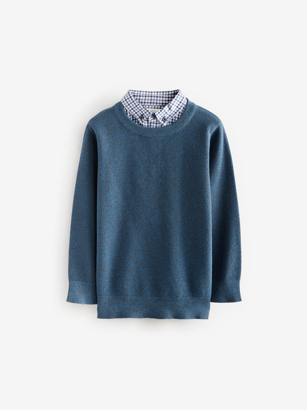 Navy Mock Gingham Shirt and Crew Neck 100% Cotton Jumper (3-16yrs)
