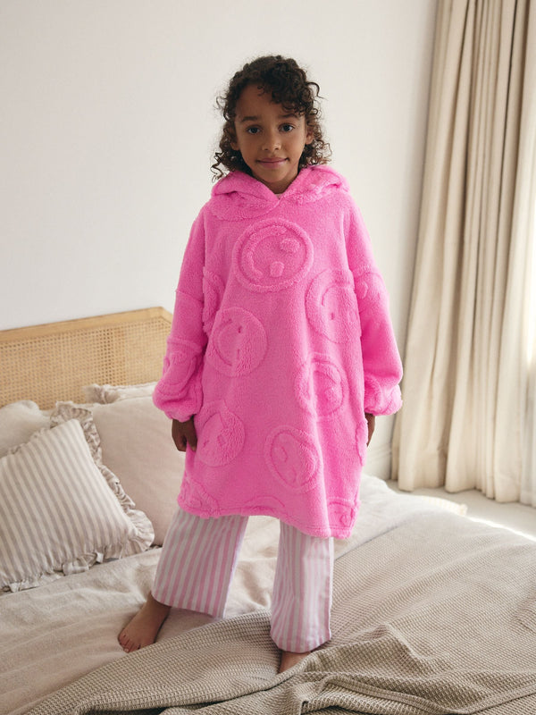 Pink Happy Face Jacquard Fleece Hooded Blanket (3-16yrs)