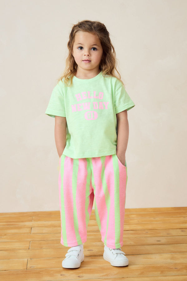 Pink/Green Slogan Short Sleeve T-Shirt And Wide Leg Trousers (3mths-7yrs)