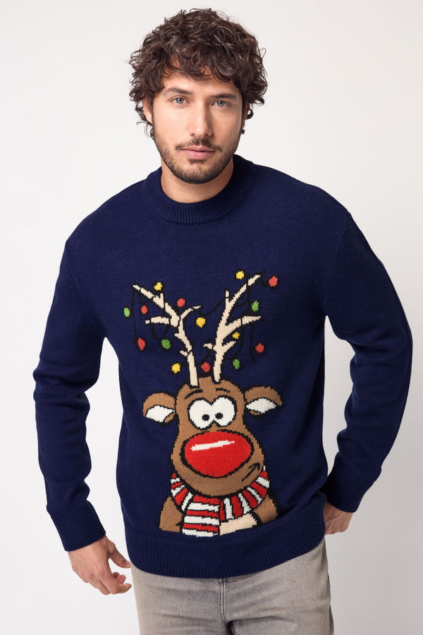 Navy Blue Rudolph Crew Neck Regular Fit Christmas Jumper