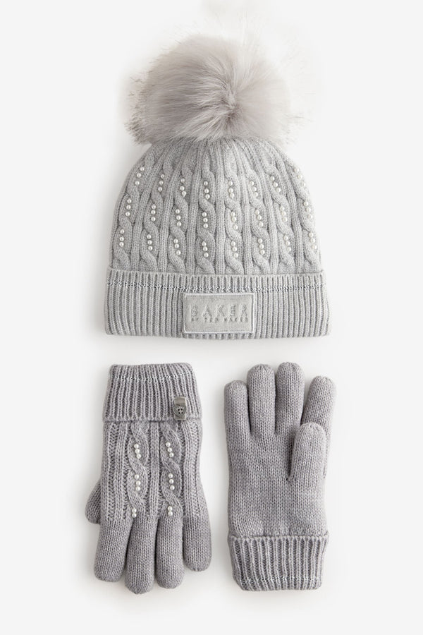 Baker by Ted Baker Girls Pink Knited Pom Hat And Gloves Set