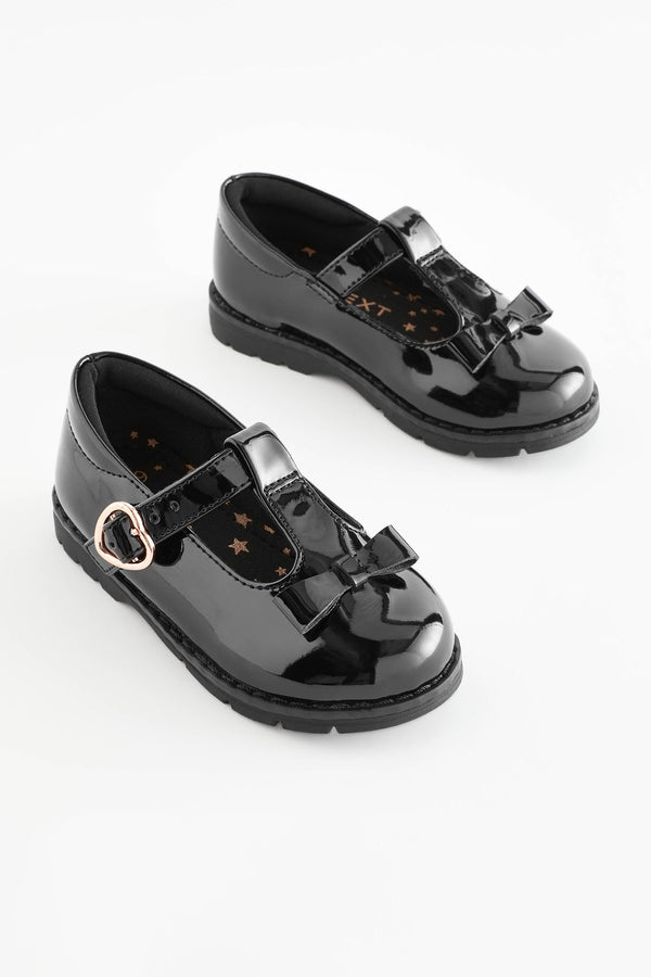 Black Patent School Junior Bow T-Bar Shoes