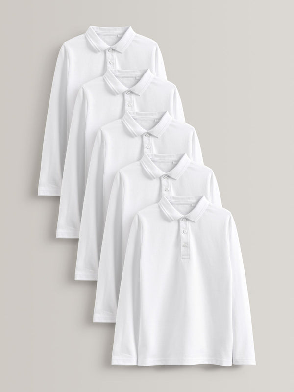 White 100% Cotton Long Sleeve School Polo Shirts 5 Pack (3-16yrs)