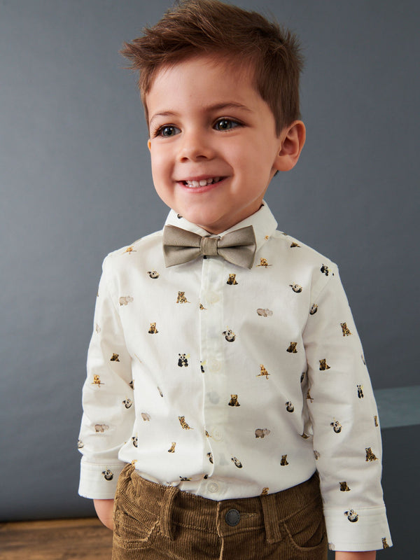 White Smart Print Shirt With Bow Tie (3mths-7yrs)