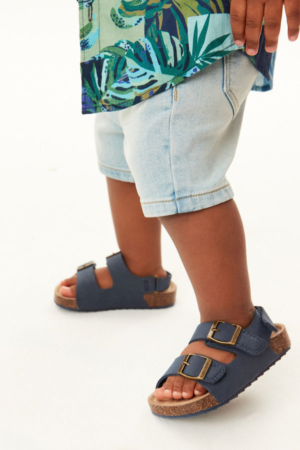 Navy Double Buckle Cushioned Footbed Sandals