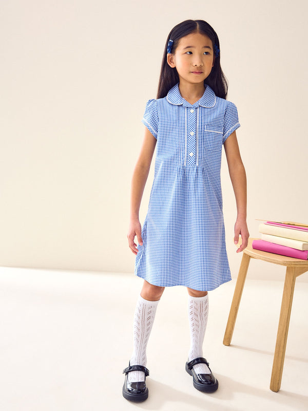 Mid Blue Cotton Rich Button Front Lace Gingham School Dress (3-14yrs)