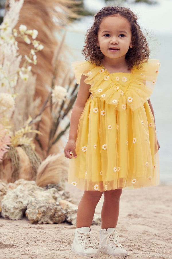 Yellow Daisy Embroidered Ruffle Mesh Dress (3mths-10yrs)