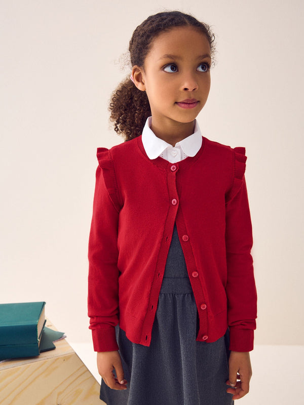Red Cotton Rich Frill Shoulder School Cardigan (3-16yrs)