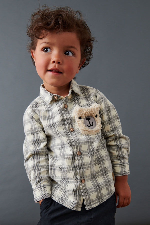 Ecru Cream with Character Pocket Check Corduroy Long Sleeve Shirt (3mths-7yrs)