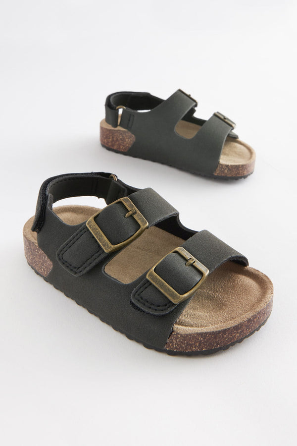 Black Double Buckle Cushioned Footbed Sandals