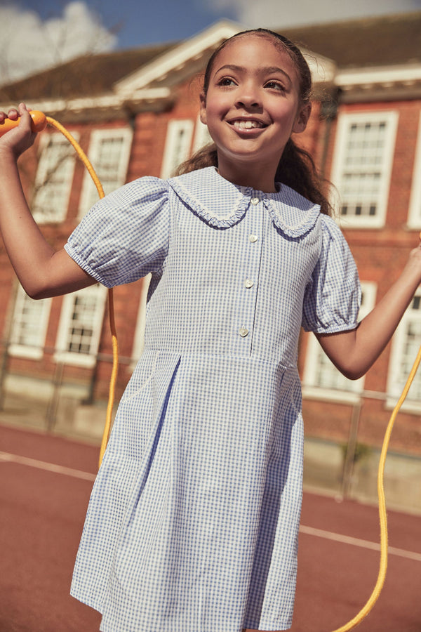 Blue Cotton Rich School Gingham Pretty Collar Dress (3-14yrs)