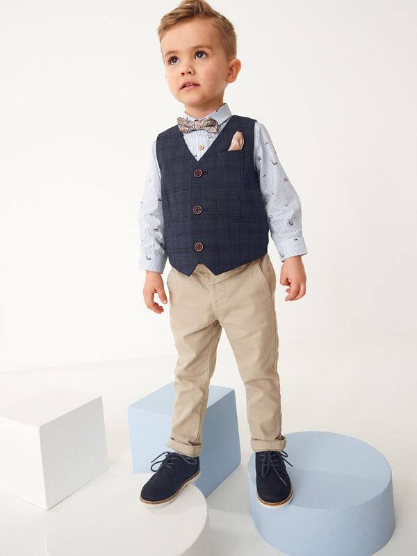 Navy Blue Check Waistcoat Set With Shirt And Bow Tie (3mths-7yrs)