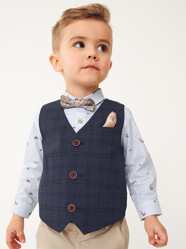 Navy Blue Check Waistcoat Set With Shirt And Bow Tie (3mths-7yrs)